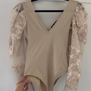 Zara Beige Floral Mesh Sleeve Bodysuit